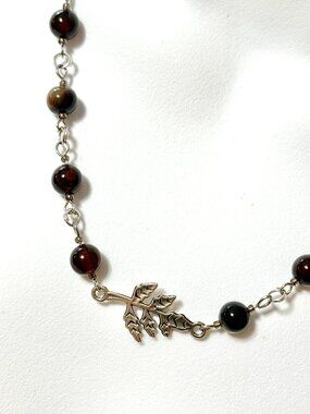 Genuine Dark Brown Agate Necklace, Natural Gemstone & Silver Leaf Branch Pendant